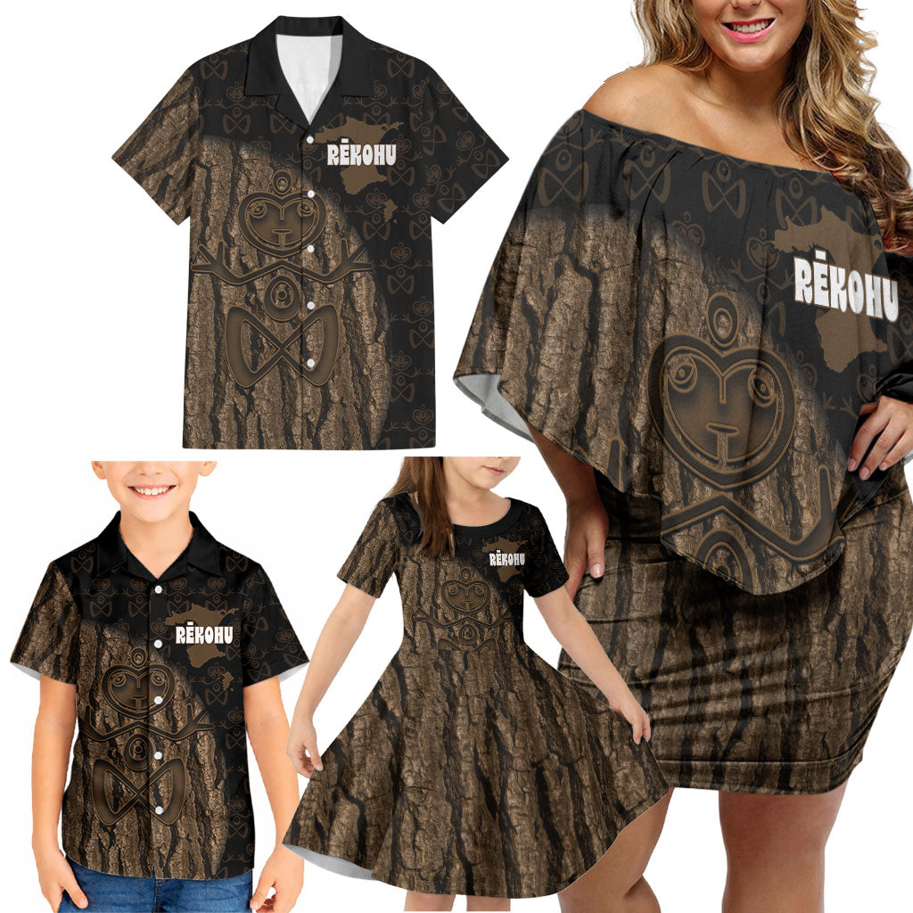 Moriori Kekoru New Zealand Personalised Family Matching Off Shoulder Short Dress and Hawaiian Shirt Kopi Rakau Carving Chatham Islands Map