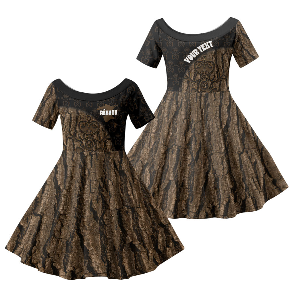Moriori Kekoru New Zealand Personalised Family Matching Off Shoulder Short Dress and Hawaiian Shirt Kopi Rakau Carving Chatham Islands Map