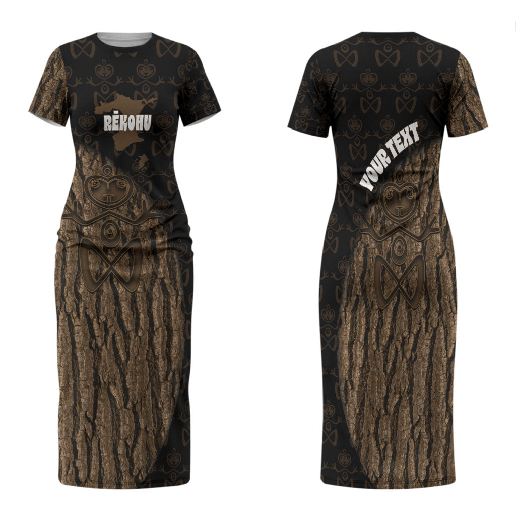 Moriori Kekoru New Zealand Personalised Family Matching Short Sleeve Bodycon Dress and Hawaiian Shirt Kopi Rakau Carving Chatham Islands Map