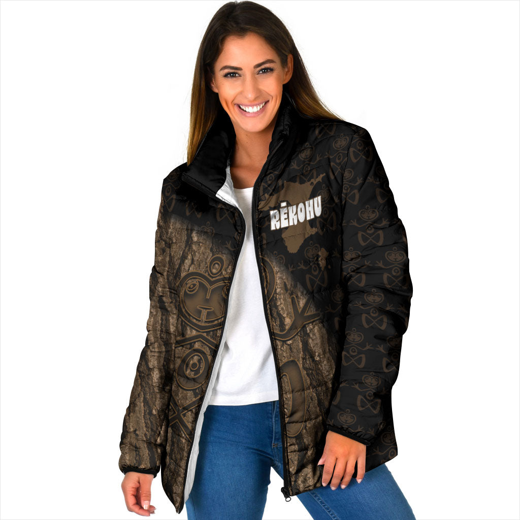 Moriori Kekoru New Zealand Personalised Padded Jacket Kopi Rakau Carving Chatham Islands Map