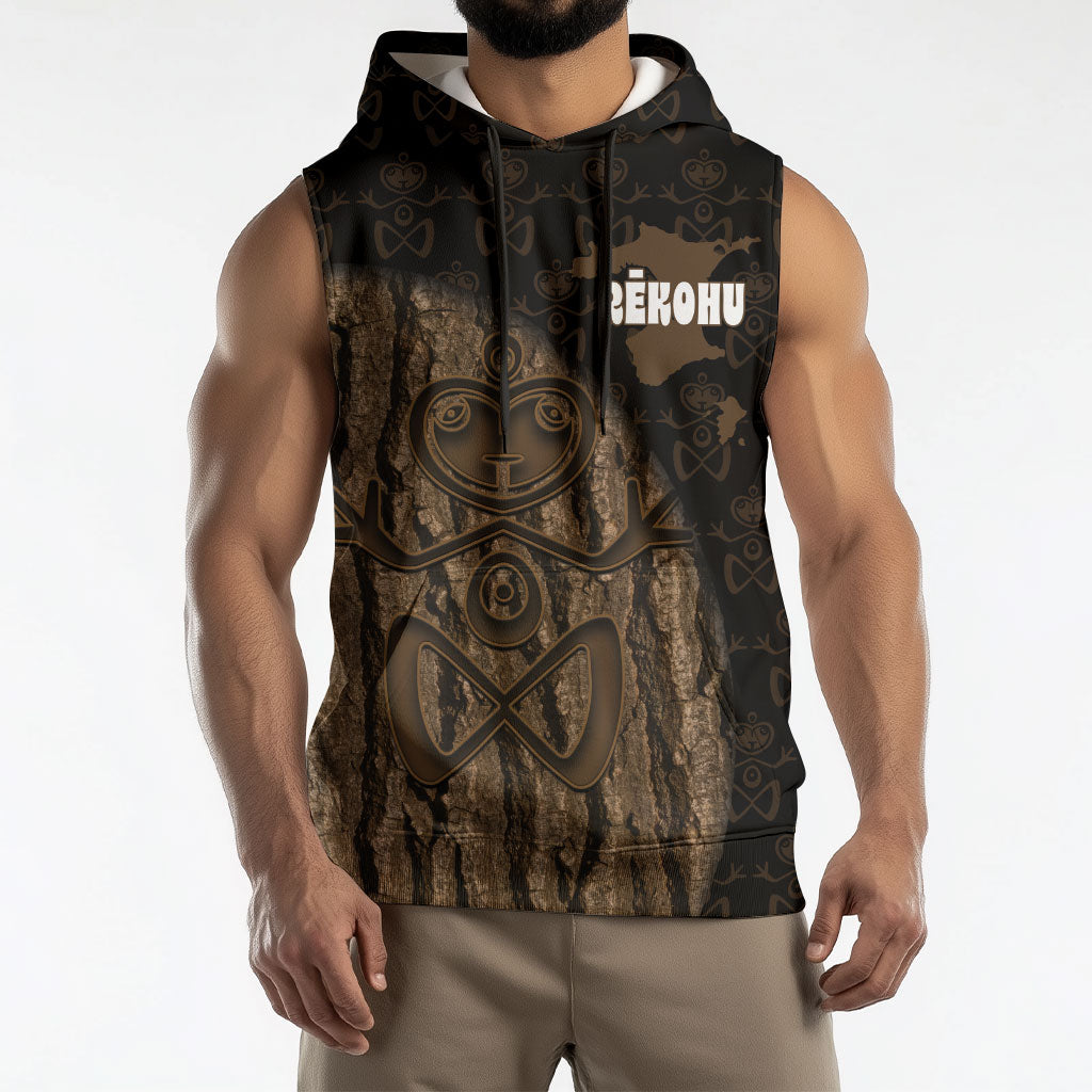Moriori Kekoru New Zealand Personalised Sleeveless Hoodie Kopi Rakau Carving Chatham Islands Map