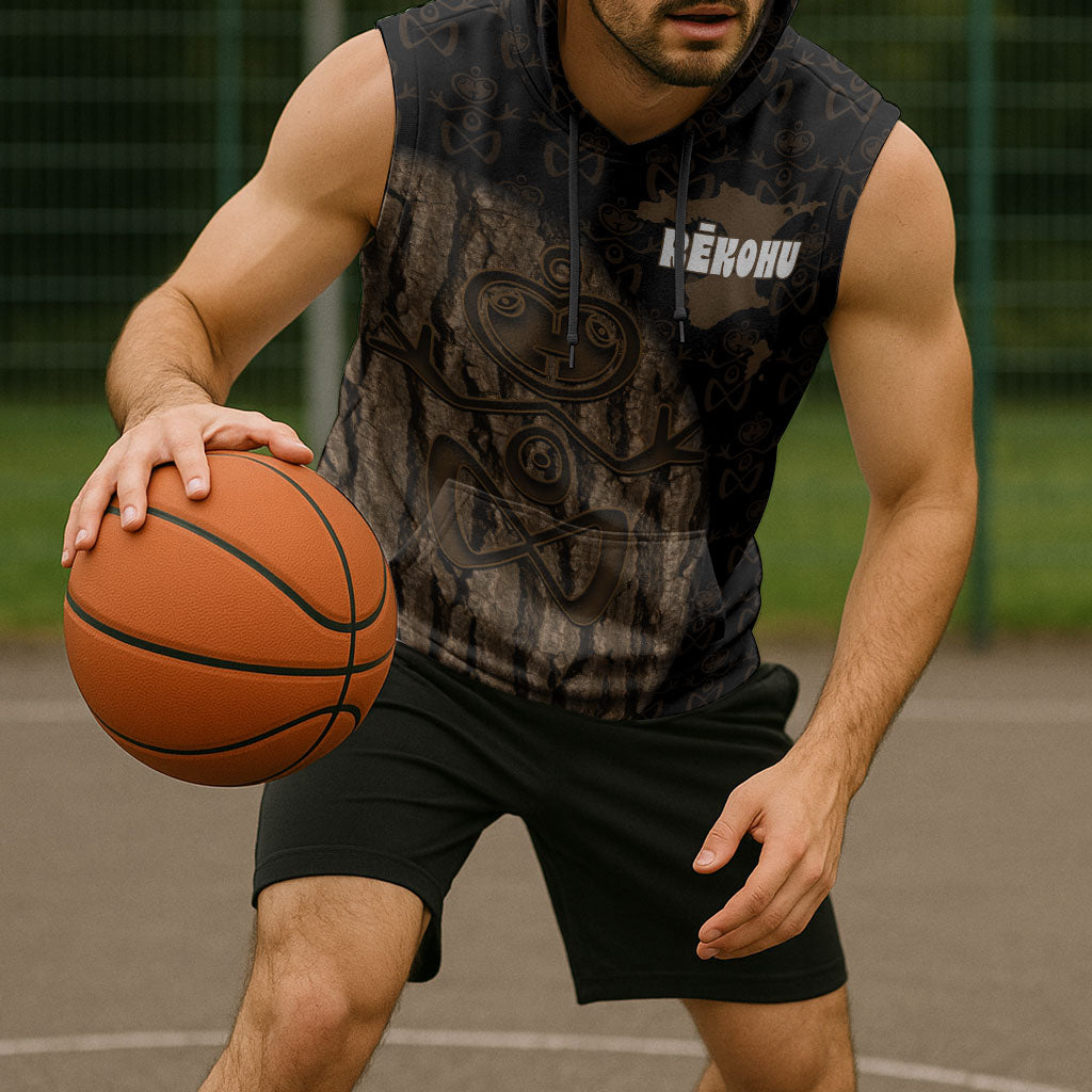 Moriori Kekoru New Zealand Personalised Sleeveless Hoodie Kopi Rakau Carving Chatham Islands Map