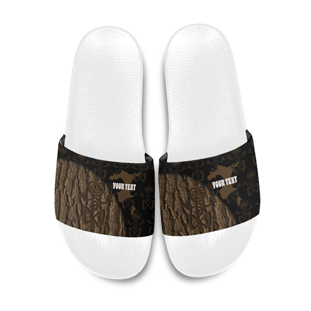 Moriori Kekoru New Zealand Personalised Slide Sandals Kopi Rakau Carving Chatham Islands Map