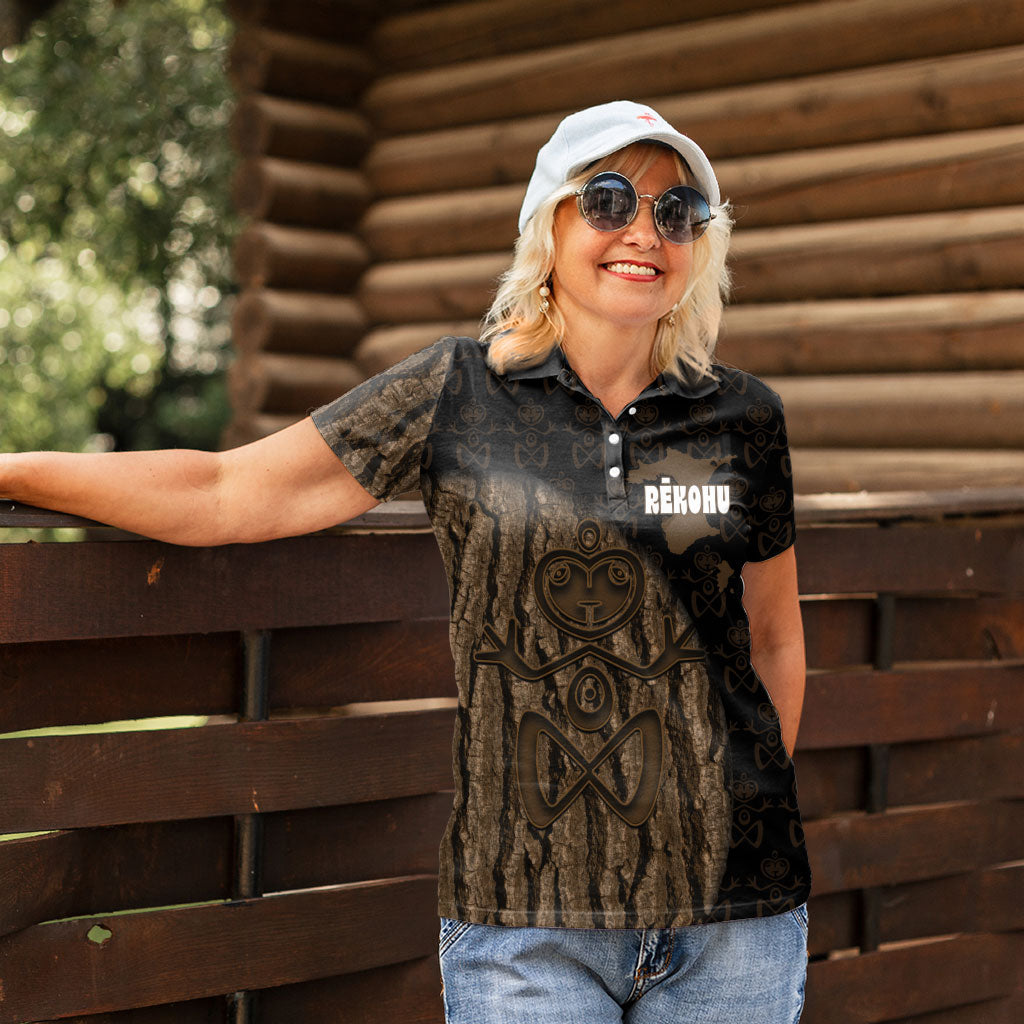 Moriori Kekoru New Zealand Personalised Women Polo Shirt Kopi Rakau Carving Chatham Islands Map