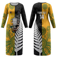 New Zealand Australia Rugby Bledisloe 2026 Custom Couples Matching Long Sleeve Bodycon Dress and Hawaiian Shirt Champion Trophy Maori Aboriginal Art