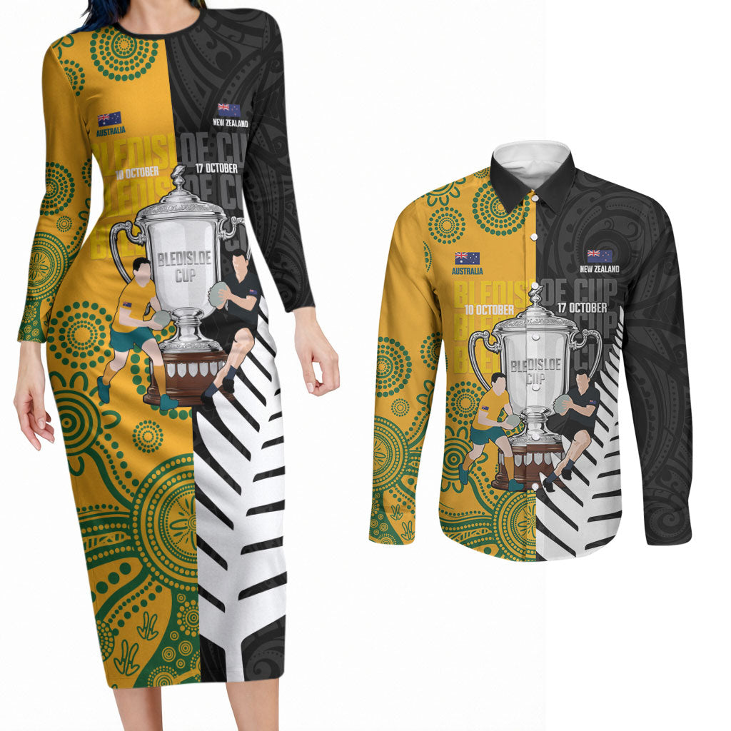 New Zealand Australia Rugby Bledisloe 2026 Custom Couples Matching Long Sleeve Bodycon Dress and Long Sleeve Button Shirt Champion Trophy Maori Aboriginal Art LT14 Multicolor - Polynesian Pride