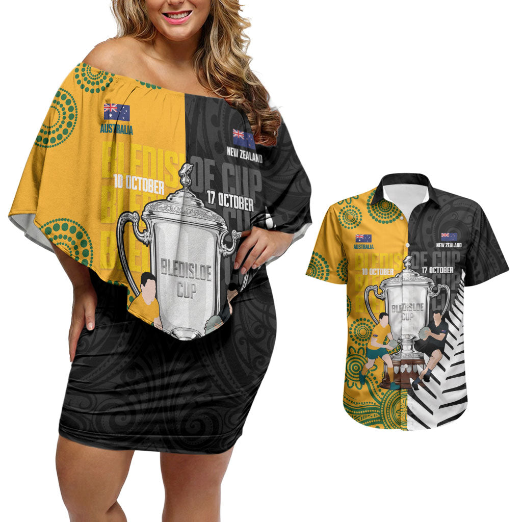 New Zealand Australia Rugby Bledisloe 2026 Custom Couples Matching Off Shoulder Short Dress and Hawaiian Shirt Champion Trophy Maori Aboriginal Art LT14 Multicolor - Polynesian Pride