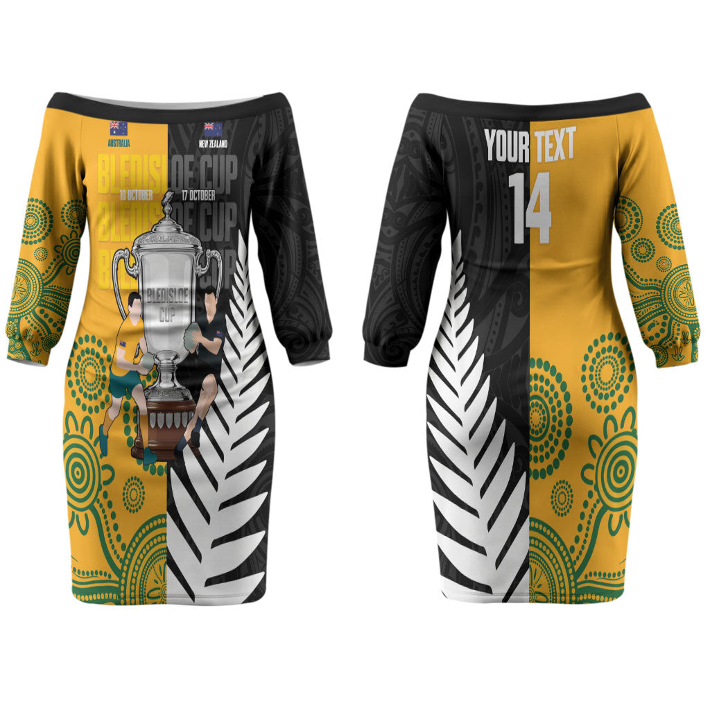 New Zealand Australia Rugby Bledisloe 2026 Custom Couples Matching Off The Shoulder Long Sleeve Dress and Hawaiian Shirt Champion Trophy Maori Aboriginal Art
