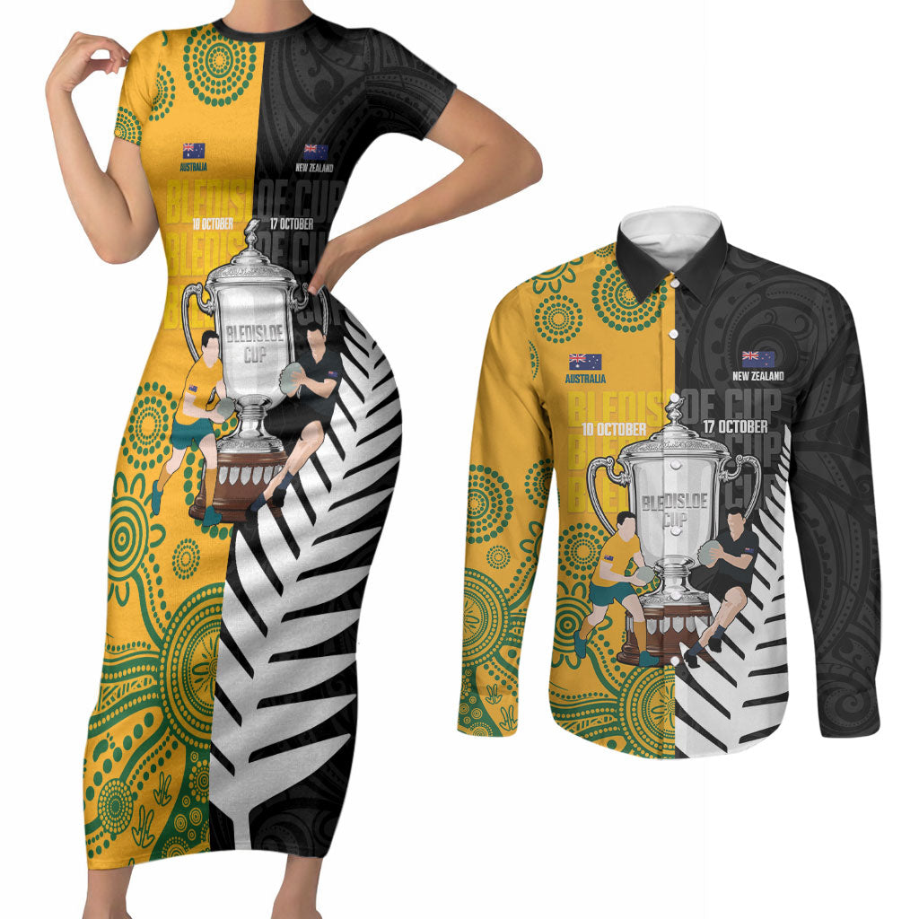 New Zealand Australia Rugby Bledisloe 2026 Custom Couples Matching Short Sleeve Bodycon Dress and Long Sleeve Button Shirt Champion Trophy Maori Aboriginal Art LT14 Multicolor - Polynesian Pride