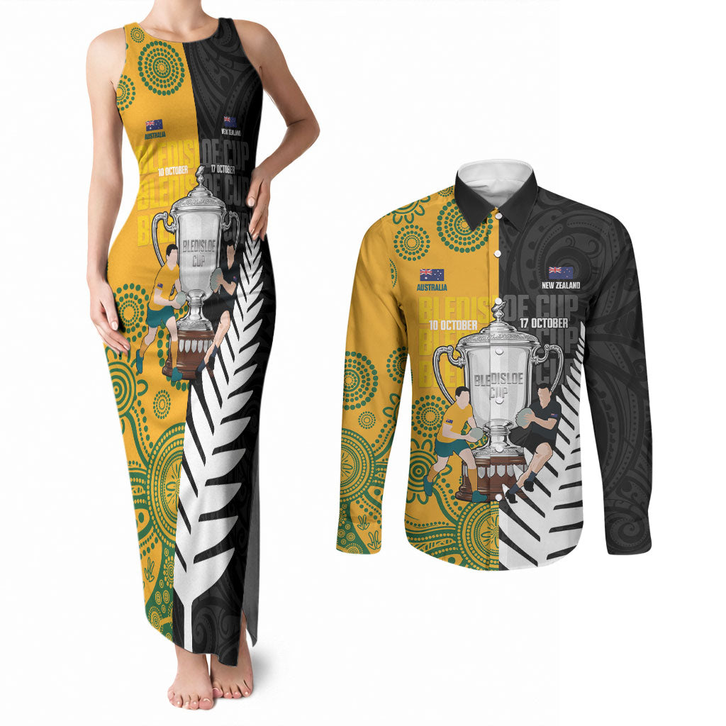New Zealand Australia Rugby Bledisloe 2026 Custom Couples Matching Tank Maxi Dress and Long Sleeve Button Shirt Champion Trophy Maori Aboriginal Art