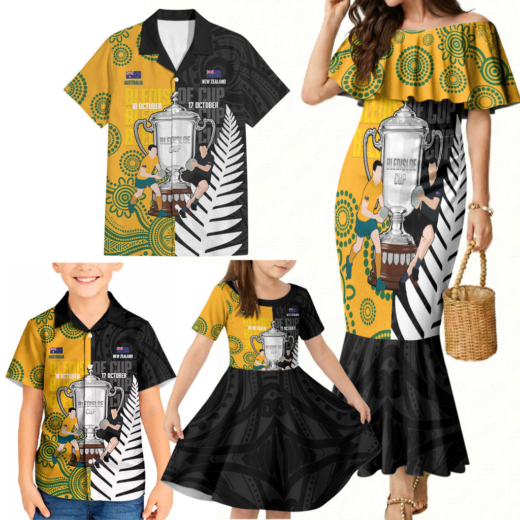New Zealand Australia Rugby Bledisloe 2026 Custom Family Matching Mermaid Dress and Hawaiian Shirt Champion Trophy Maori Aboriginal Art