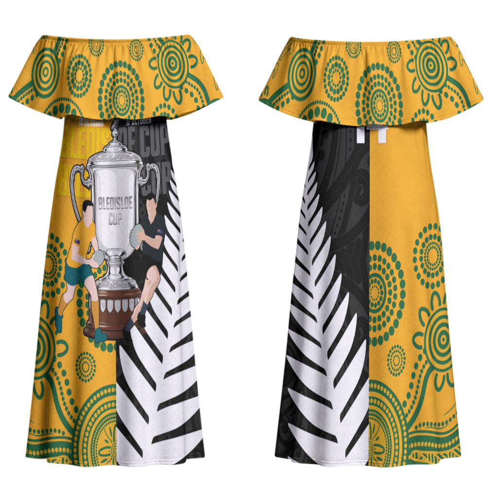 New Zealand Australia Rugby Bledisloe 2026 Custom Family Matching Off Shoulder Maxi Dress and Hawaiian Shirt Champion Trophy Maori Aboriginal Art