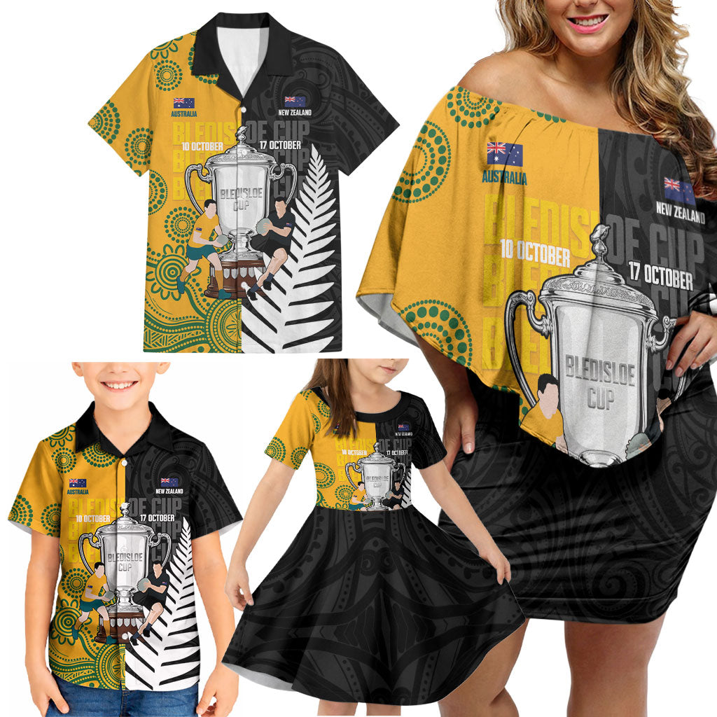 New Zealand Australia Rugby Bledisloe 2026 Custom Family Matching Off Shoulder Short Dress and Hawaiian Shirt Champion Trophy Maori Aboriginal Art