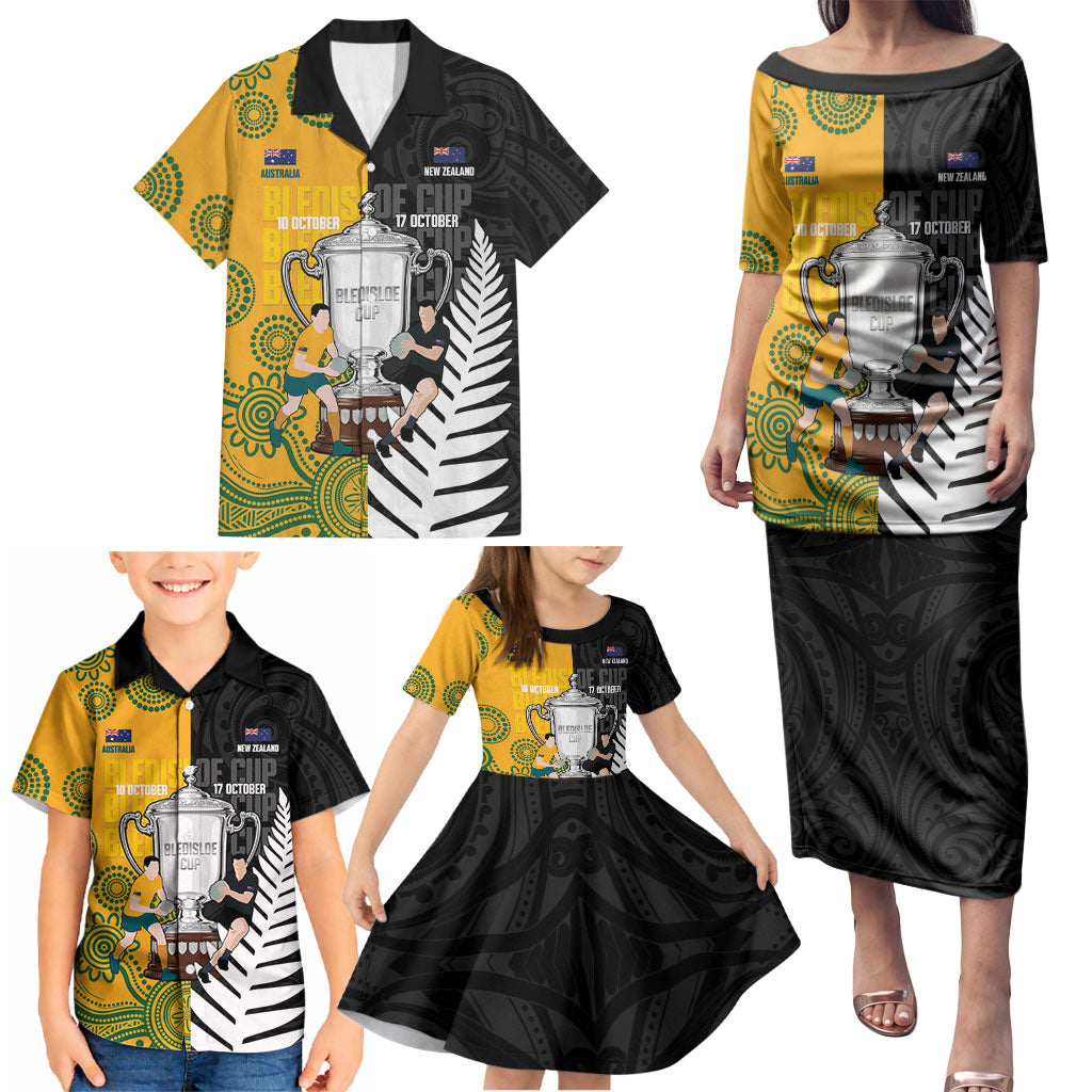 New Zealand Australia Rugby Bledisloe 2026 Custom Family Matching Puletasi and Hawaiian Shirt Champion Trophy Maori Aboriginal Art