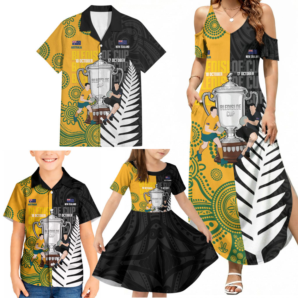 New Zealand Australia Rugby Bledisloe 2026 Custom Family Matching Summer Maxi Dress and Hawaiian Shirt Champion Trophy Maori Aboriginal Art