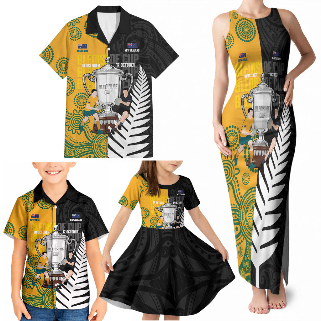 New Zealand Australia Rugby Bledisloe 2026 Custom Family Matching Tank Maxi Dress and Hawaiian Shirt Champion Trophy Maori Aboriginal Art