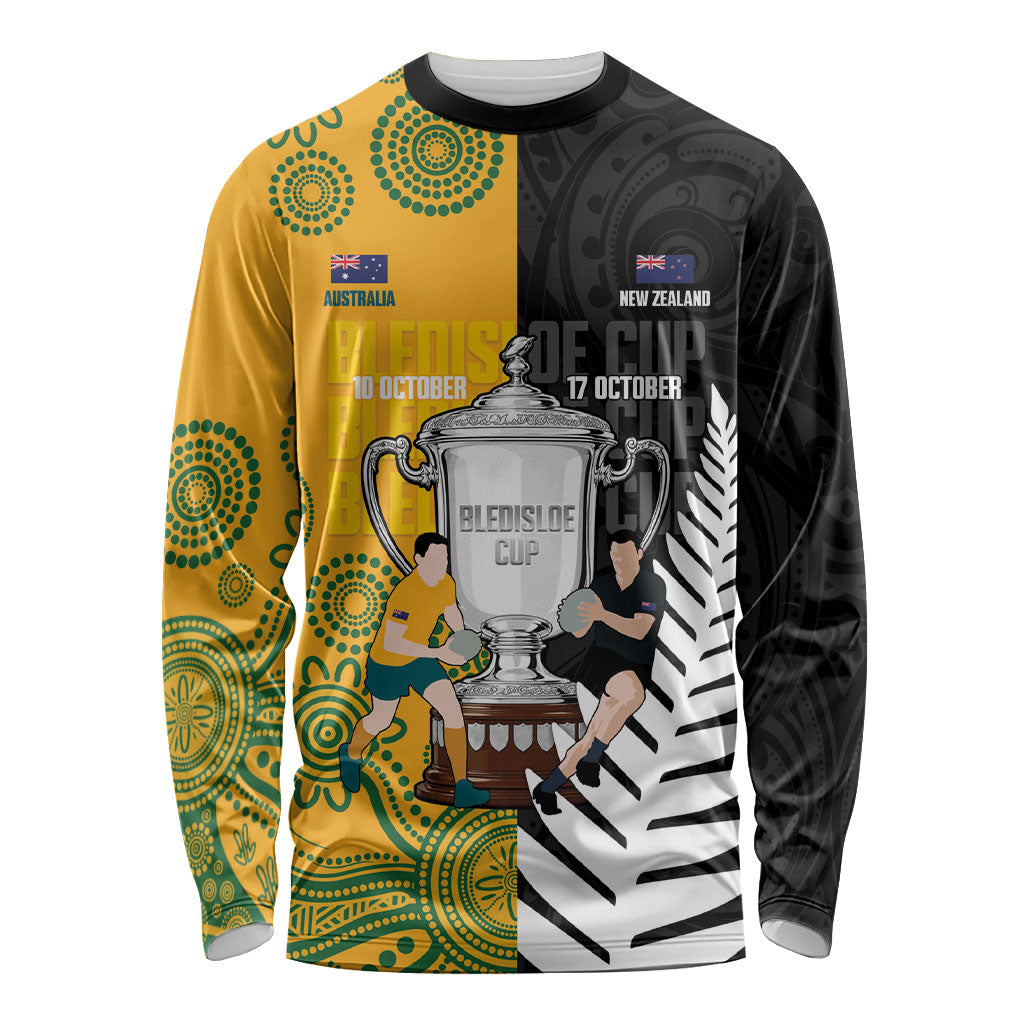 New Zealand Australia Rugby Bledisloe 2026 Custom Long Sleeve Shirt Champion Trophy Maori Aboriginal Art