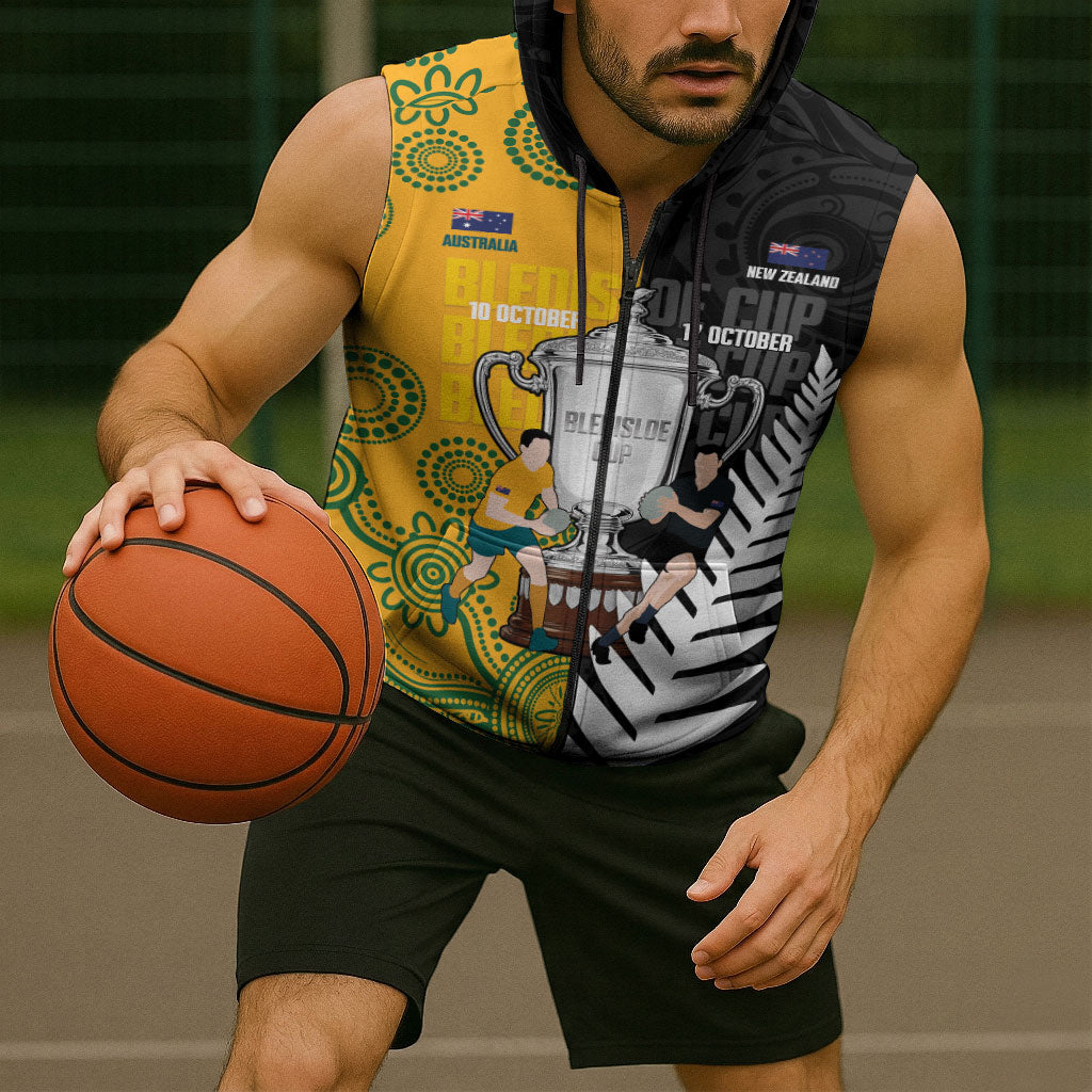 New Zealand Australia Rugby Bledisloe 2026 Custom Sleeveless Zip Hoodie Champion Trophy Maori Aboriginal Art