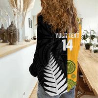 New Zealand Australia Rugby Bledisloe 2026 Custom Women Casual Shirt Champion Trophy Maori Aboriginal Art