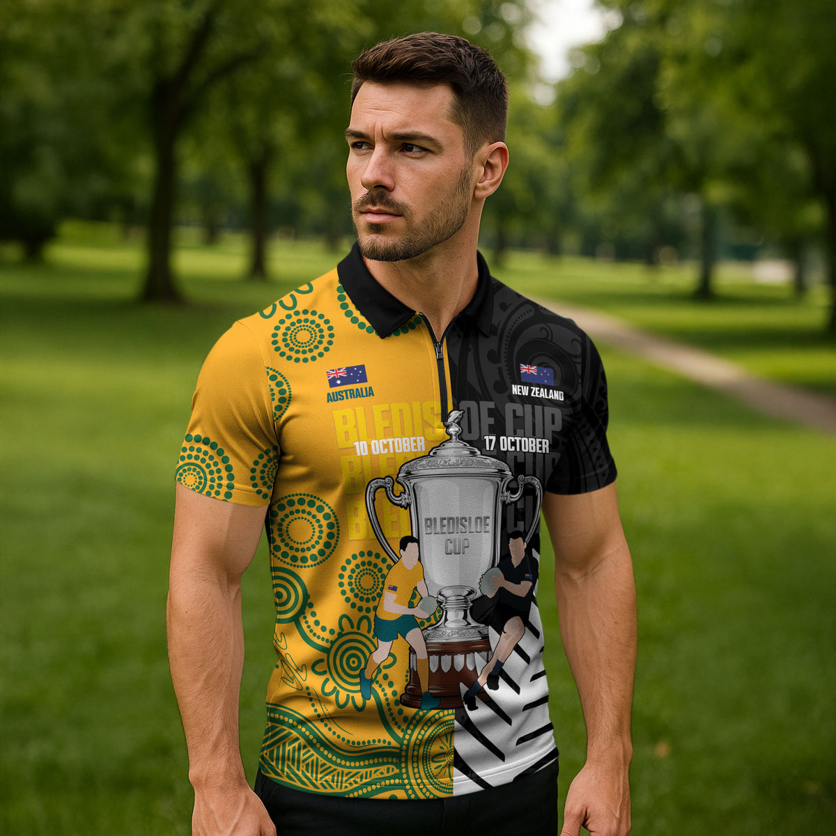 New Zealand Australia Rugby Bledisloe 2026 Custom Zipper Polo Shirt Champion Trophy Maori Aboriginal Art