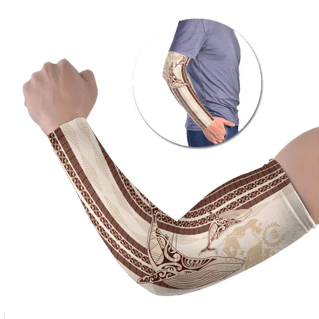 Swimming With Humpback Whales Season Tonga Arm Sleeves Tongan Tofuaa Ngatu Pattern Brown