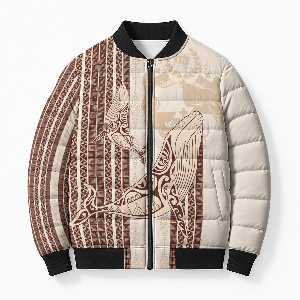 Swimming With Humpback Whales Season Tonga Bomber Puffer Jacket Tongan Tofuaa Ngatu Pattern Brown