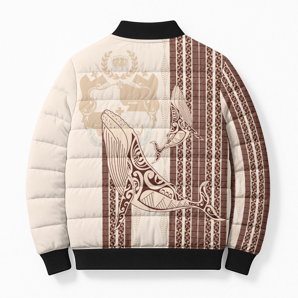 Swimming With Humpback Whales Season Tonga Bomber Puffer Jacket Tongan Tofuaa Ngatu Pattern Brown