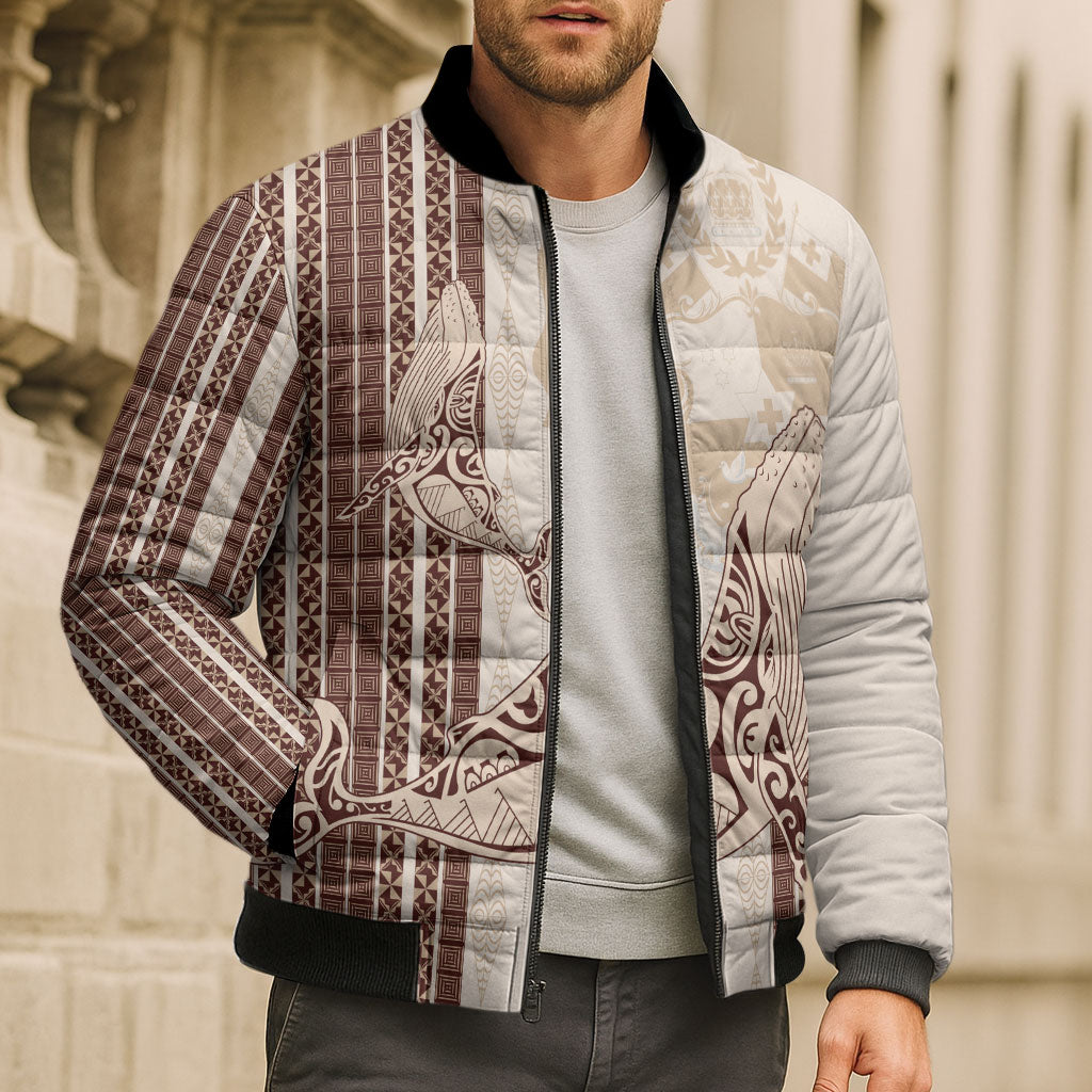 Swimming With Humpback Whales Season Tonga Bomber Puffer Jacket Tongan Tofuaa Ngatu Pattern Brown
