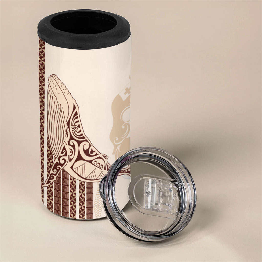 Swimming With Humpback Whales Season Tonga 4 in 1 Can Cooler Tumbler Tongan Tofuaa Ngatu Pattern Brown