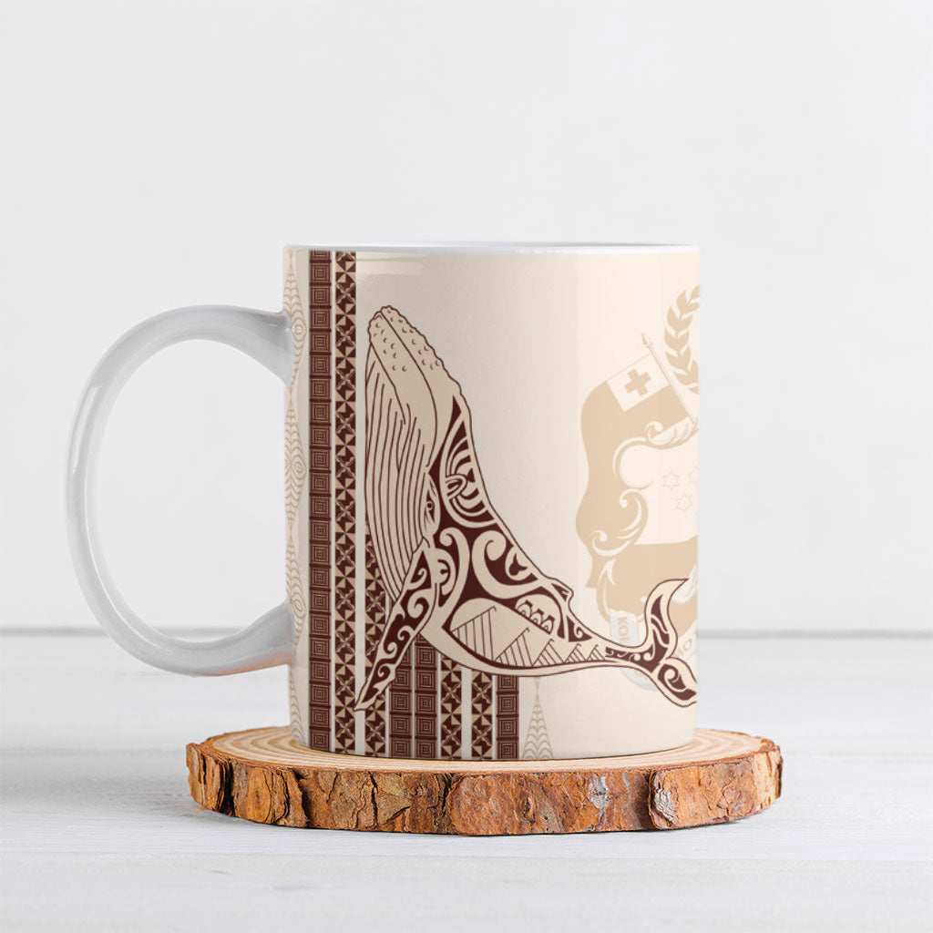 Swimming With Humpback Whales Season Tonga Ceramic Mug Tongan Tofuaa Ngatu Pattern Brown