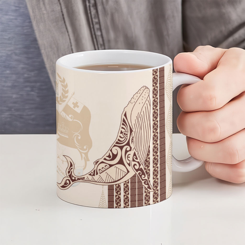 Swimming With Humpback Whales Season Tonga Ceramic Mug Tongan Tofuaa Ngatu Pattern Brown