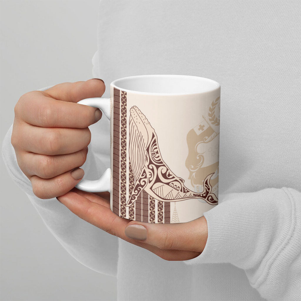 Swimming With Humpback Whales Season Tonga Ceramic Mug Tongan Tofuaa Ngatu Pattern Brown