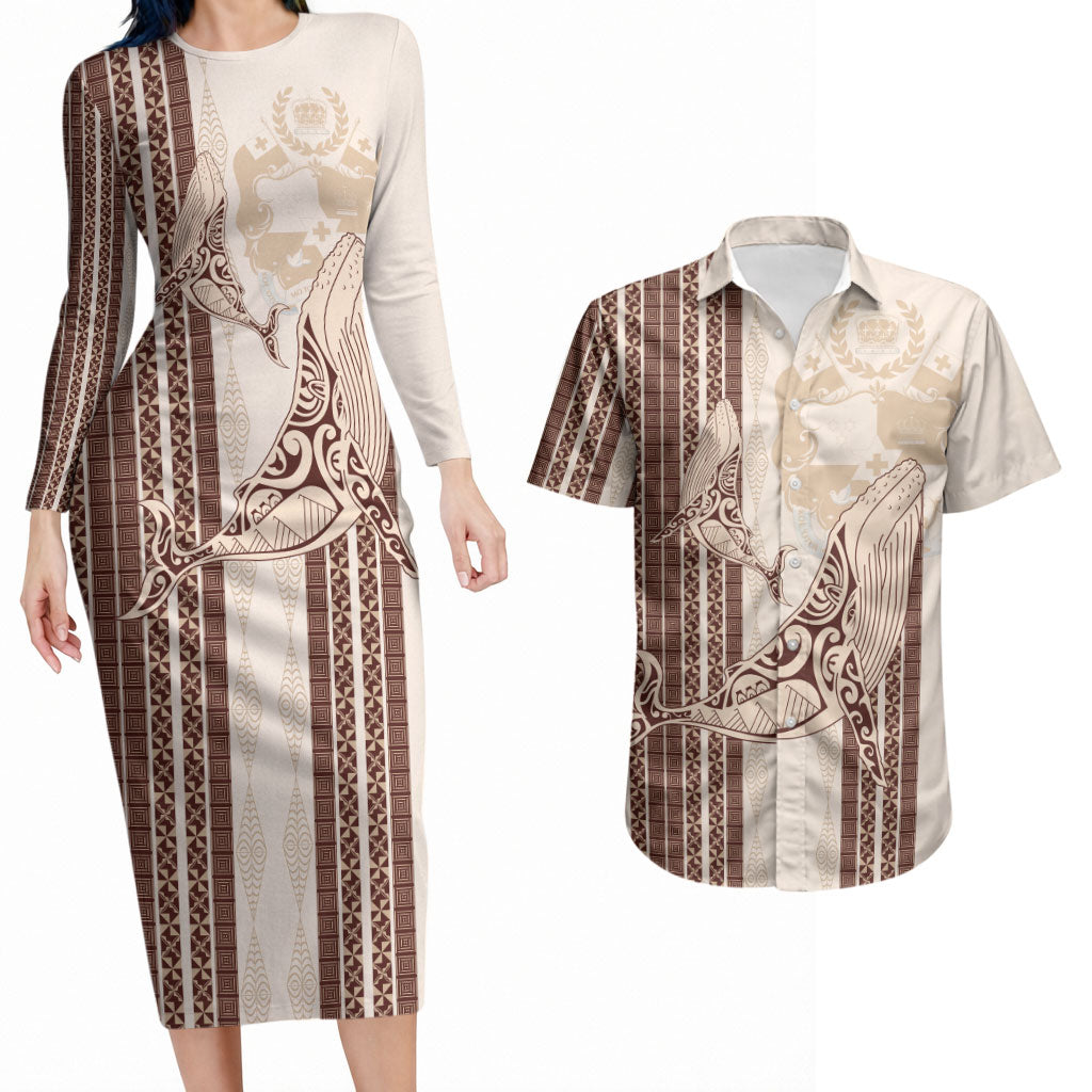 Swimming With Humpback Whales Season Tonga Couples Matching Long Sleeve Bodycon Dress and Hawaiian Shirt Tongan Tofuaa Ngatu Pattern Brown