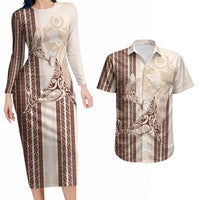Swimming With Humpback Whales Season Tonga Couples Matching Long Sleeve Bodycon Dress and Hawaiian Shirt Tongan Tofuaa Ngatu Pattern Brown