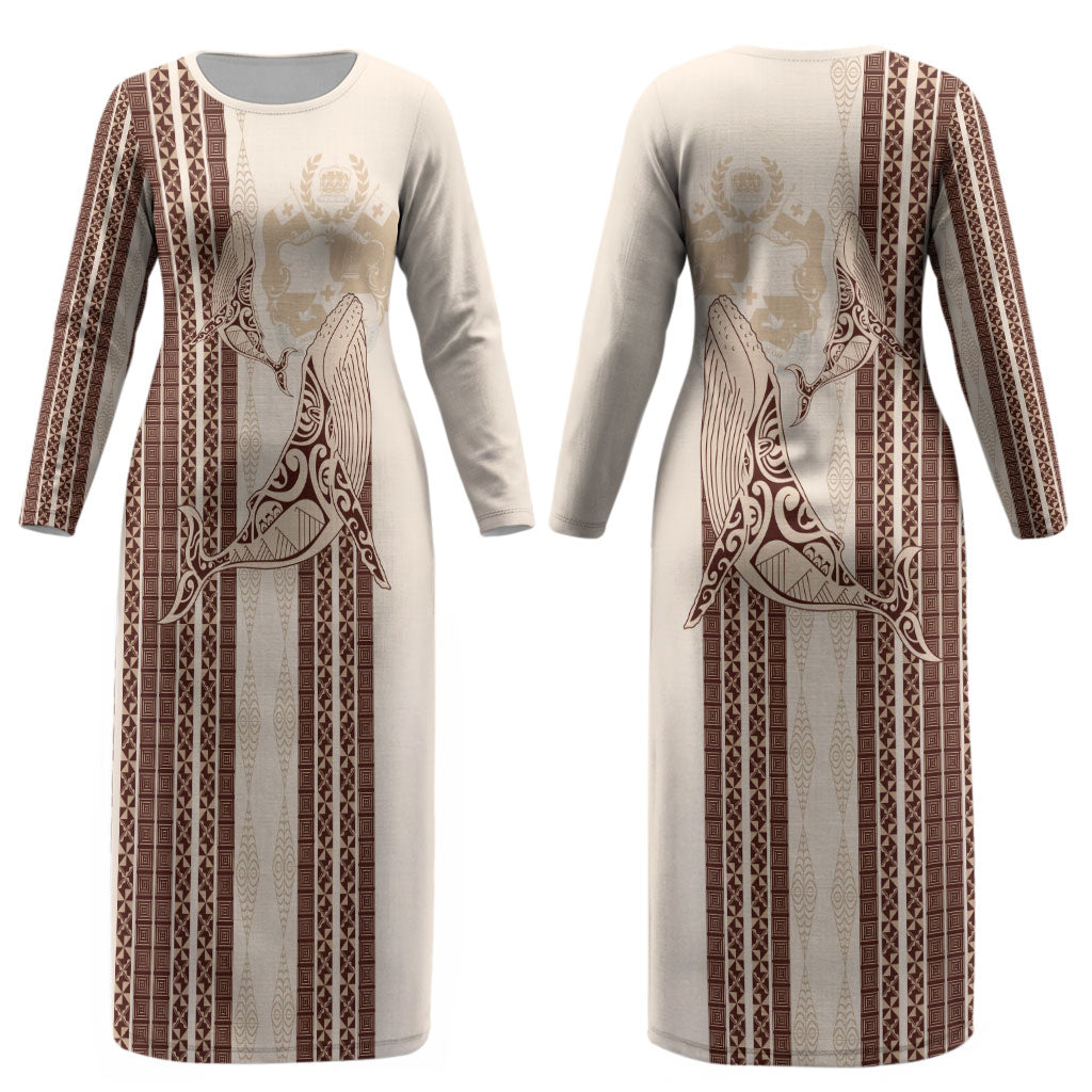 Swimming With Humpback Whales Season Tonga Couples Matching Long Sleeve Bodycon Dress and Hawaiian Shirt Tongan Tofuaa Ngatu Pattern Brown