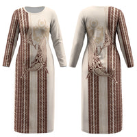 Swimming With Humpback Whales Season Tonga Couples Matching Long Sleeve Bodycon Dress and Hawaiian Shirt Tongan Tofuaa Ngatu Pattern Brown