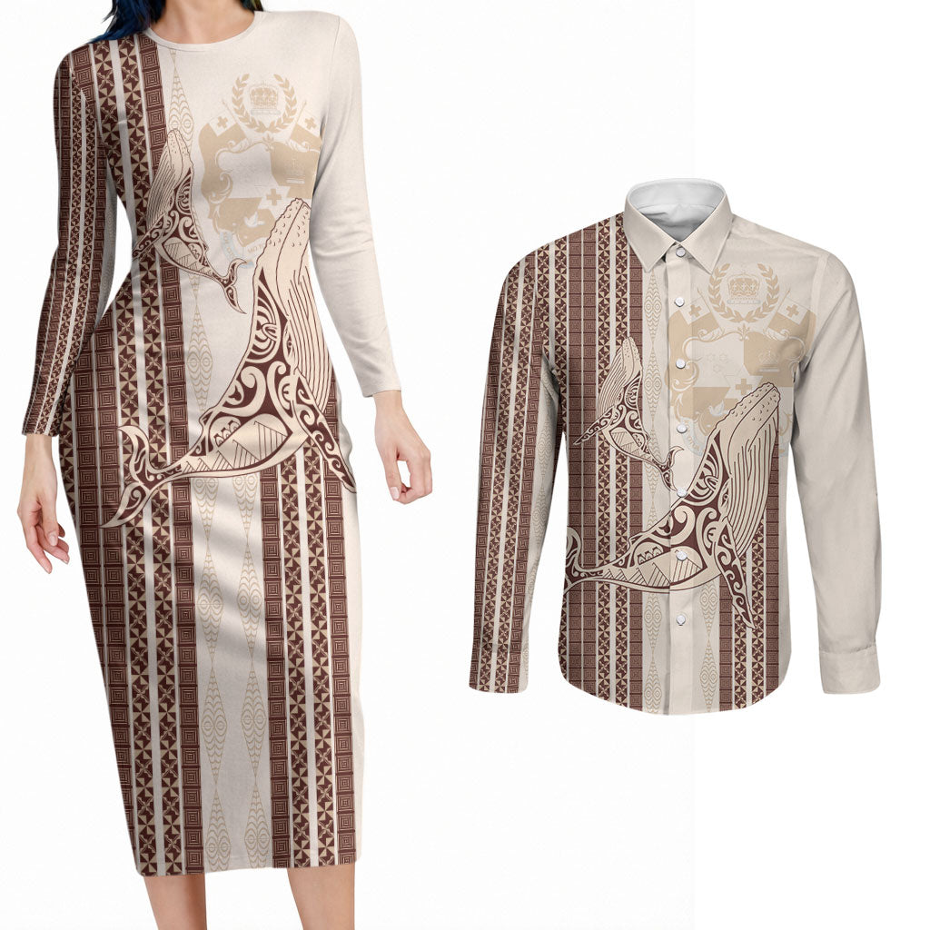 Swimming With Humpback Whales Season Tonga Couples Matching Long Sleeve Bodycon Dress and Long Sleeve Button Shirt Tongan Tofuaa Ngatu Pattern Brown