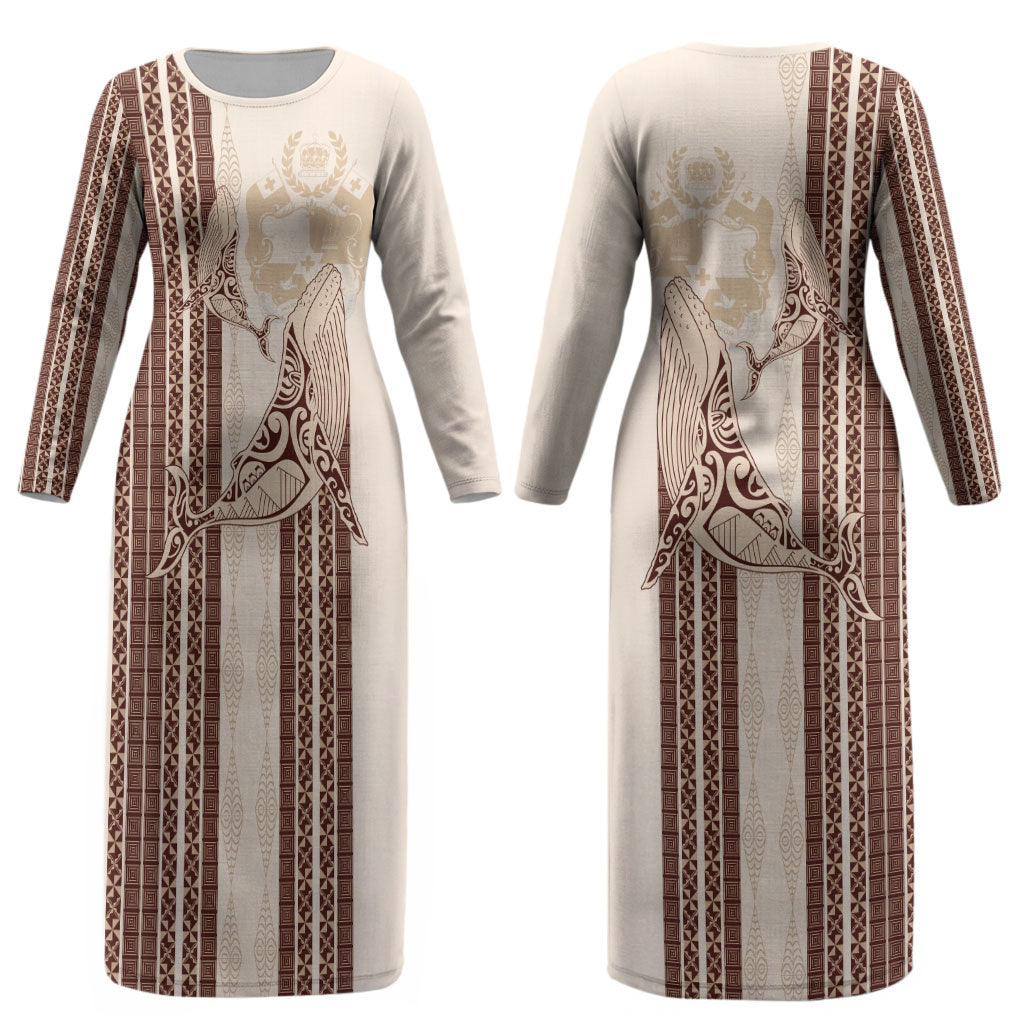 Swimming With Humpback Whales Season Tonga Couples Matching Long Sleeve Bodycon Dress and Long Sleeve Button Shirt Tongan Tofuaa Ngatu Pattern Brown