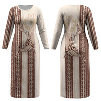 Swimming With Humpback Whales Season Tonga Couples Matching Long Sleeve Bodycon Dress and Long Sleeve Button Shirt Tongan Tofuaa Ngatu Pattern Brown