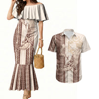 Swimming With Humpback Whales Season Tonga Couples Matching Mermaid Dress and Hawaiian Shirt Tongan Tofuaa Ngatu Pattern Brown
