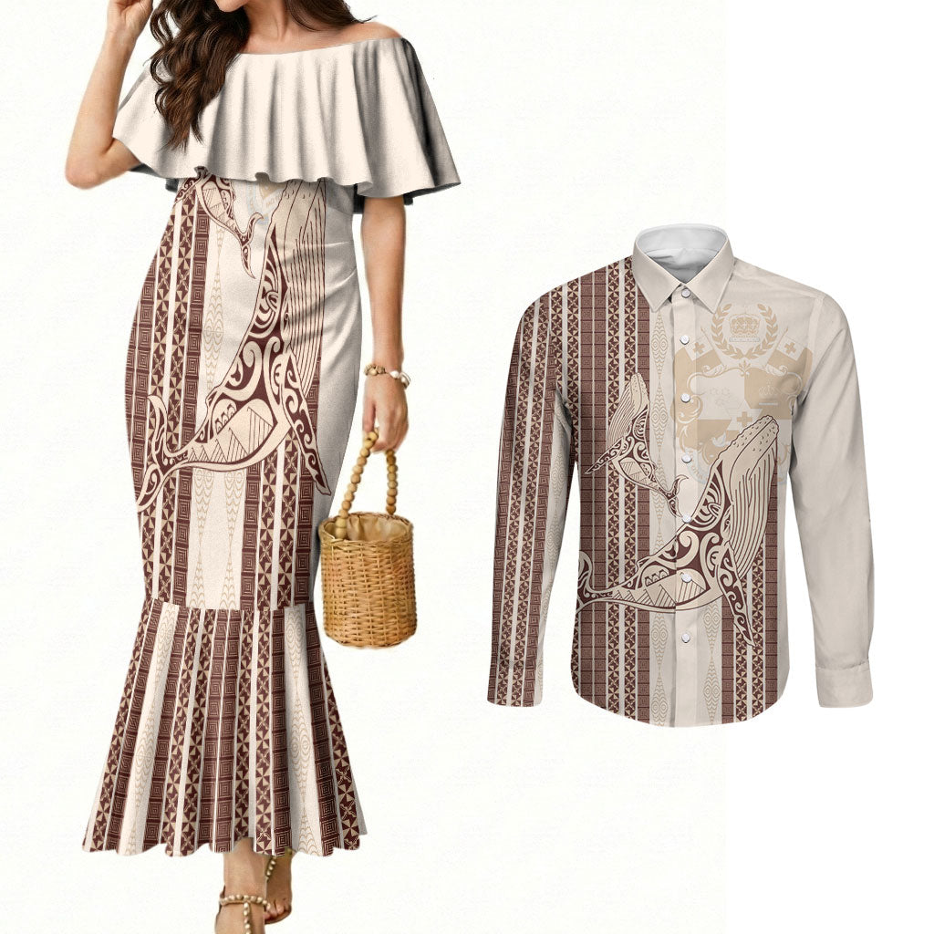 Swimming With Humpback Whales Season Tonga Couples Matching Mermaid Dress and Long Sleeve Button Shirt Tongan Tofuaa Ngatu Pattern Brown