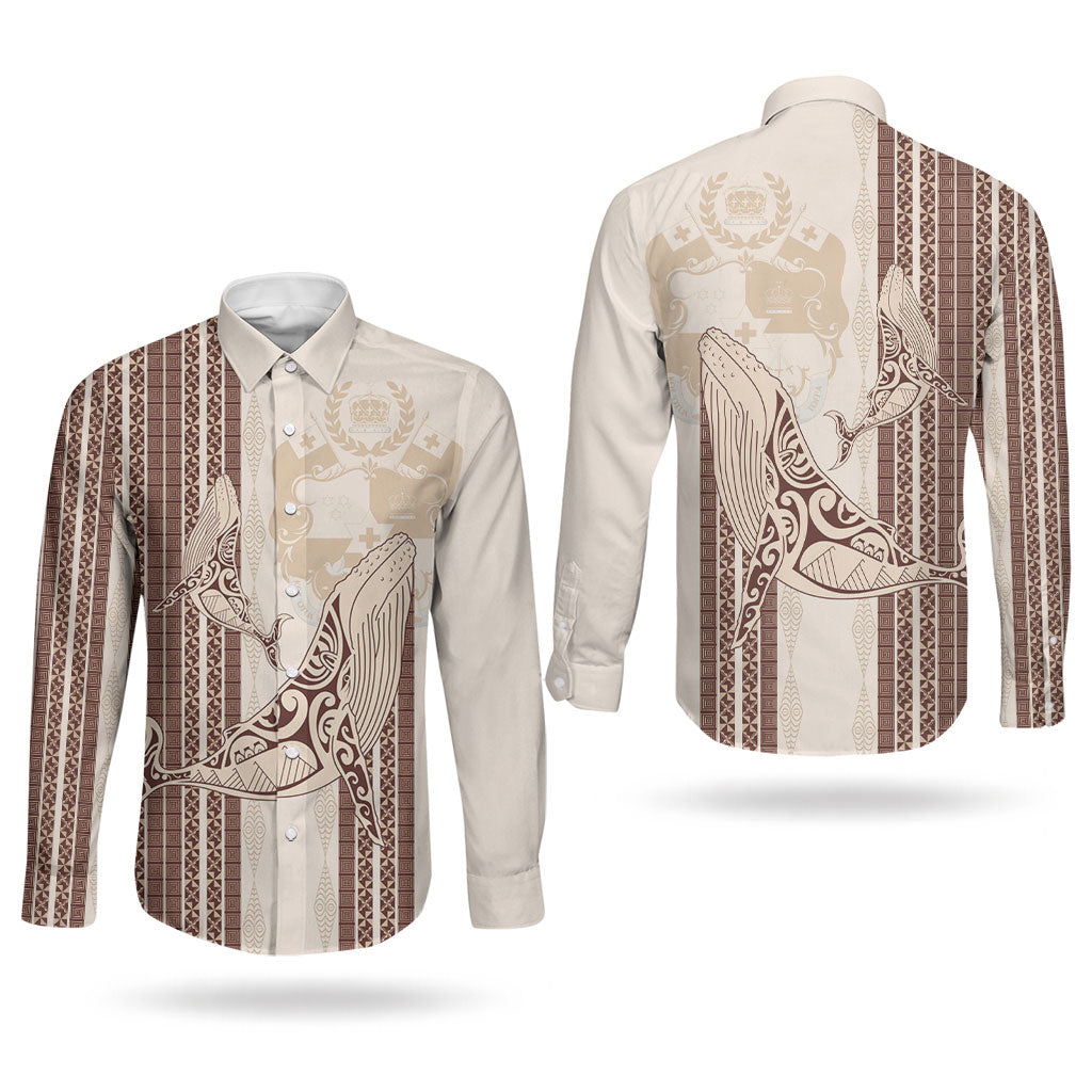 Swimming With Humpback Whales Season Tonga Couples Matching Mermaid Dress and Long Sleeve Button Shirt Tongan Tofuaa Ngatu Pattern Brown