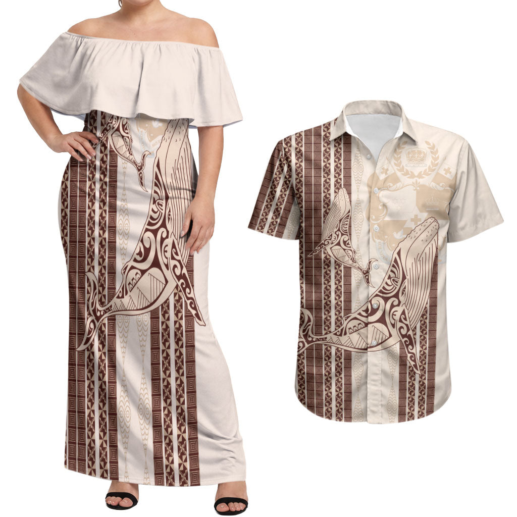 Swimming With Humpback Whales Season Tonga Couples Matching Off Shoulder Maxi Dress and Hawaiian Shirt Tongan Tofuaa Ngatu Pattern Brown