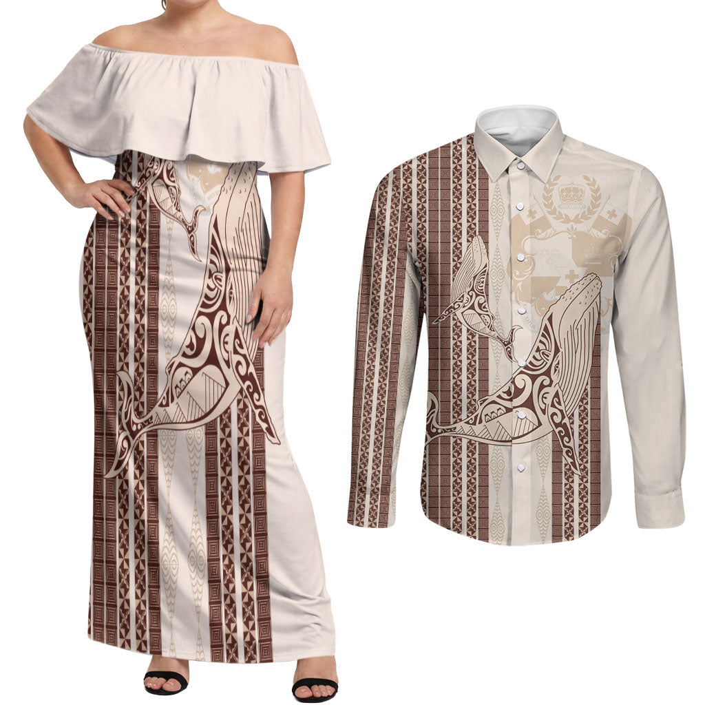 Swimming With Humpback Whales Season Tonga Couples Matching Off Shoulder Maxi Dress and Long Sleeve Button Shirt Tongan Tofuaa Ngatu Pattern Brown