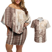 Swimming With Humpback Whales Season Tonga Couples Matching Off Shoulder Short Dress and Hawaiian Shirt Tongan Tofuaa Ngatu Pattern Brown