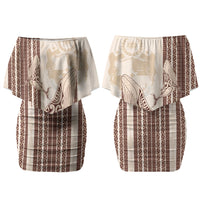 Swimming With Humpback Whales Season Tonga Couples Matching Off Shoulder Short Dress and Hawaiian Shirt Tongan Tofuaa Ngatu Pattern Brown