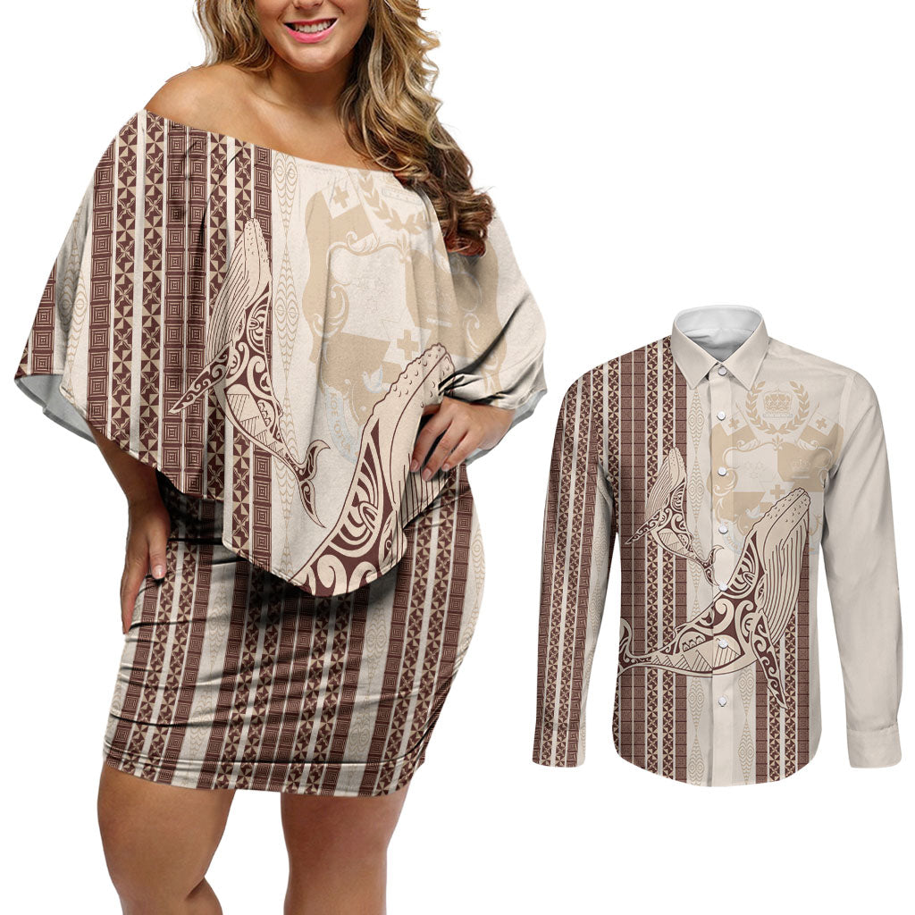 Swimming With Humpback Whales Season Tonga Couples Matching Off Shoulder Short Dress and Long Sleeve Button Shirt Tongan Tofuaa Ngatu Pattern Brown