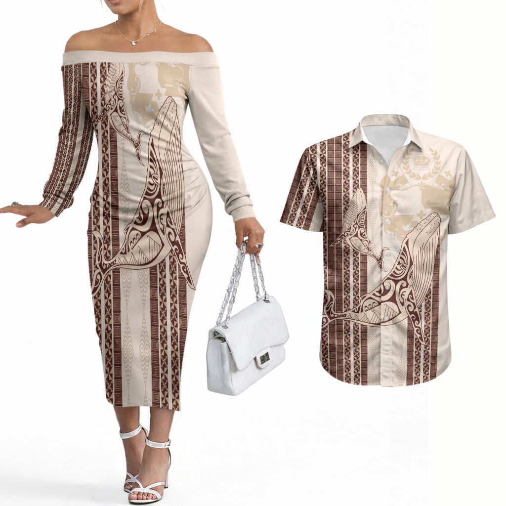 Swimming With Humpback Whales Season Tonga Couples Matching Off The Shoulder Long Sleeve Dress and Hawaiian Shirt Tongan Tofuaa Ngatu Pattern Brown