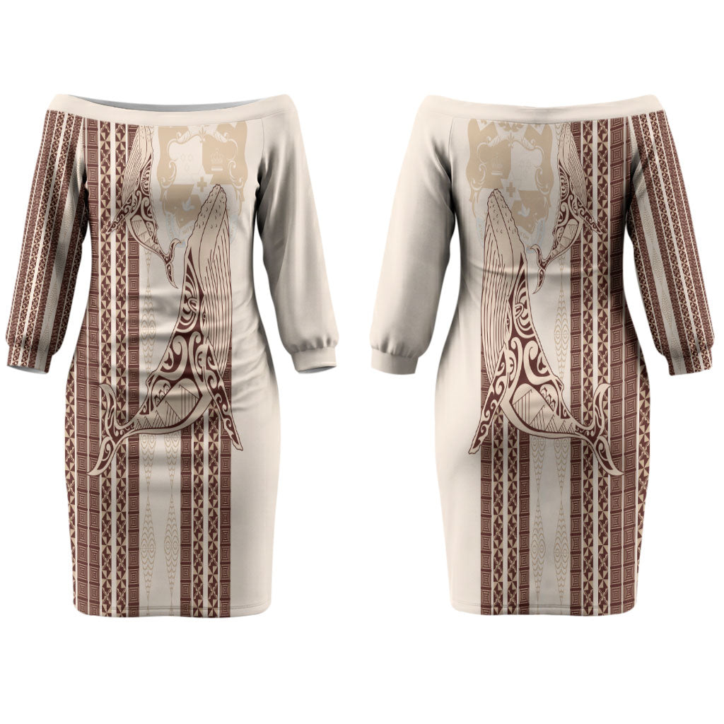 Swimming With Humpback Whales Season Tonga Couples Matching Off The Shoulder Long Sleeve Dress and Hawaiian Shirt Tongan Tofuaa Ngatu Pattern Brown
