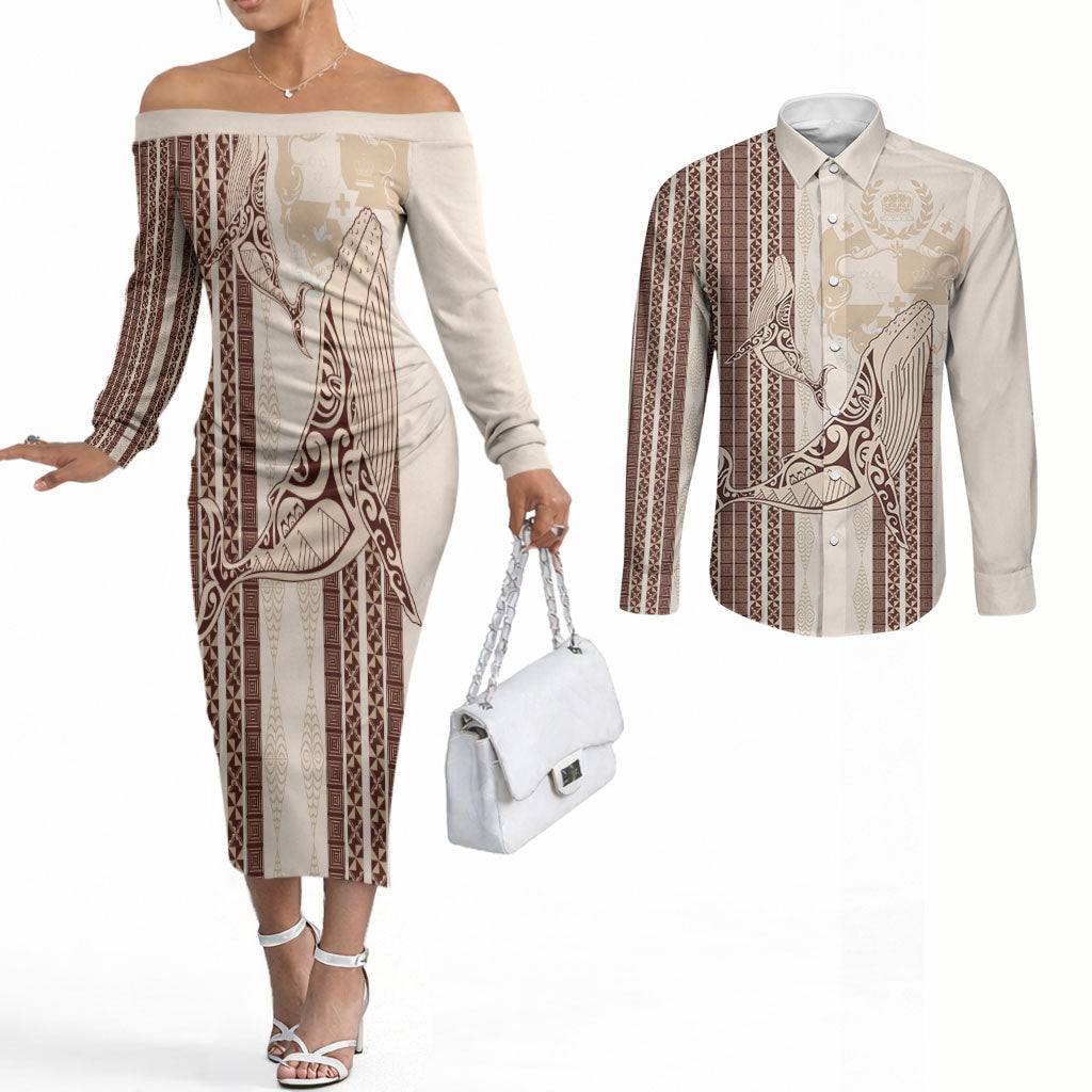 Swimming With Humpback Whales Season Tonga Couples Matching Off The Shoulder Long Sleeve Dress and Long Sleeve Button Shirt Tongan Tofuaa Ngatu Pattern Brown